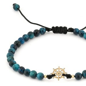 Blauwe tijgeroog armband met 14 karaat geelgouden Scheepsroer