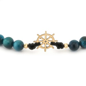 Blauwe tijgeroog armband met 14 karaat geelgouden Scheepsroer