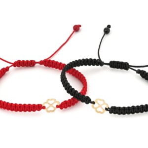 Koord armband met 14 karaat geelgouden klaver