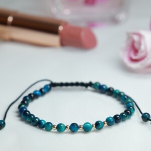 Prachtige armband met Blauwe Tijgeroog en 14 karaat gouden kralen 2,5 mm