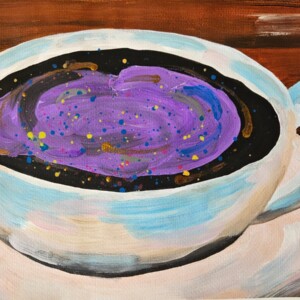 Acrylschilderij "Galaxychino" van heelal in cappuchino koffie | inclusief lijst
