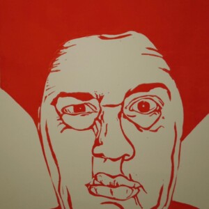 Linoprint ‘What!’ – gesigneerd A4 vrouwenportret in signaaloranje op ivoorpapier