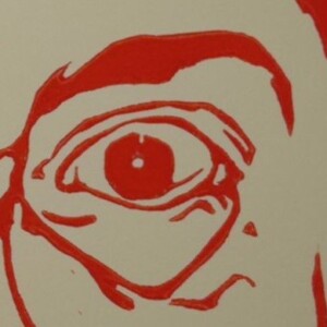 Linoprint ‘What!’ – gesigneerd A4 vrouwenportret in signaaloranje op ivoorpapier