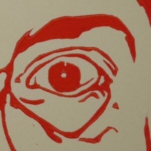 Linoprint ‘What!’ – gesigneerd A4 vrouwenportret in signaaloranje op ivoorpapier