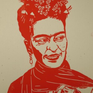 Linoportret van Frida Kahlo – handgedrukte A4 linoprint in fuchsia of oranje