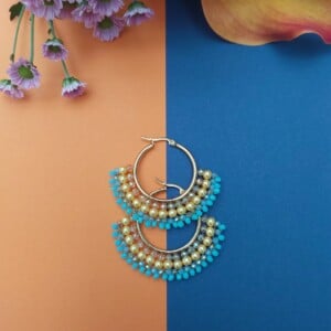 Golden Aquamarine Beaded Fan Hoops
