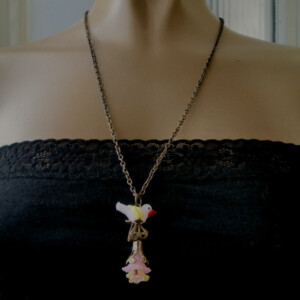 Ketting + Oorbellen Pastel Vogel met Bloemen