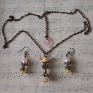 Ketting + Oorbellen Pastel Vogel met Bloemen