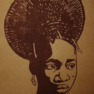 Afrikaanse linoprint Mangbetu Queen – handgedrukt portret op kraftpapier, A4-formaat, gesigneerd