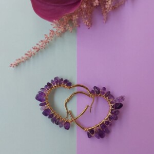 Natural Amethyst Wire Wrapped Heart Hoops