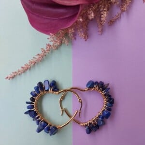 Natural Lapis Lazuli Wire Wrapped Heart Hoops