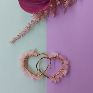Natural Rose Quartz Wire Wrapped Heart Hoops