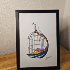 Print van een vogel die vrij is 'Bird Uncaged' in zwarte lijst