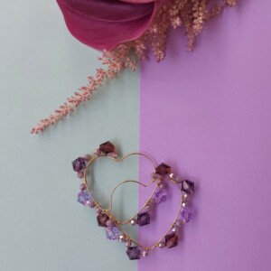 Purple Ombre Crystal Wire Wrapped Heart Hoops