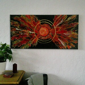 Sunflash - Fluid art gegoten op canvas - uitgeblazen en met de gemanipuleerd met tools- vefraait met foil en 3d verfrfraai