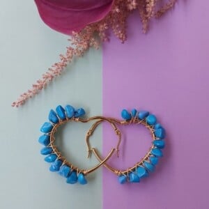Synthetic Turquoise Wire Wrapped Heart Hoops