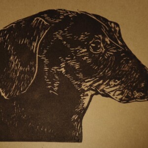 Linoprint ‘Dino de Teckel’ – handgedrukte A6 kunstkaart op offwhite of kraftpapier