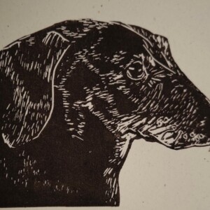 Linoprint ‘Dino de Teckel’ – handgedrukte A6 kunstkaart op offwhite of kraftpapier