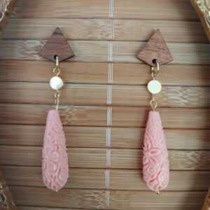 Walnut Wood Coral Dangle Earrings
