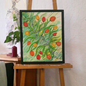 Waving Tulips in Crevice- Vloeibare Kunst op stretched horizontale doek- de tulpe zijn met de hand erin geschilderd