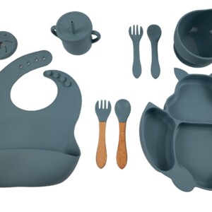 Honeybears – Siliconen kinderservies set 9 delig – Kinderbord zuignap – Kinderbestek - Siliconen eetset – Baby drinkbeker - BPA vrij – Blauw