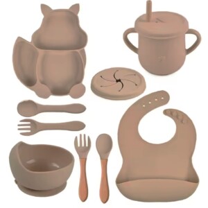 Honeybears – Siliconen kinderservies set 9 delig – Kinderbord zuignap – Siliconen eetset – Baby drinkbeker - BPA vrij – Beige