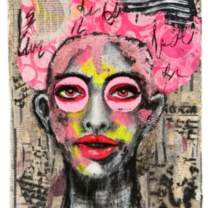 Uniek mixed media schilderij – Pinkie | Handgemaakt kunstwerk met collage en acrylverf