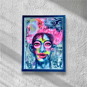 Uniek mixed media schilderij – Pinkie | Handgemaakt kunstwerk met collage en acrylverf