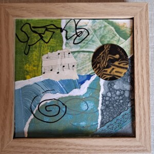 Kleine collage op spaarpotje, kleurstelling acrylverf blauw geel zwart wit