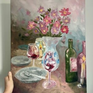 Schilderij "Red wine + flowers" - origineel kunstwerk in olieverf