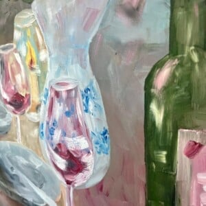 Schilderij "Red wine + flowers" - origineel kunstwerk in olieverf