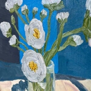 Schilderij "Flowers + blue" - origineel kunstwerk in olieverf