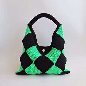 Gehaakte checker handtas 'Black & neon green'