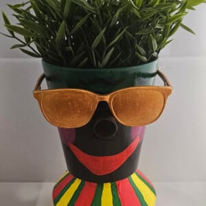 Originele, kleurrijke bloempot met gouden bril