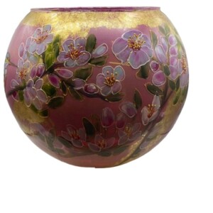 Grote handbeschilderde vaas - roze bolvaas met kersenbloesems en ijsvogel