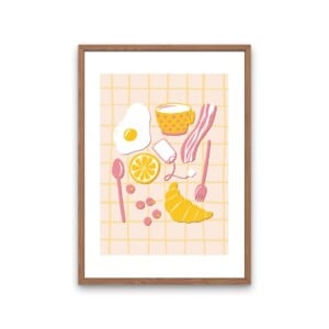 Ontbijt op bed kunstprint – vrolijke food illustratie in zachte kleuren | A4 poster 21x30 cm