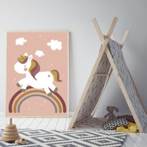 UNICORN poster voor de kinderkamer of babykamer - trendy EENHOORN poster met regenboog voor de kinderkamer maat 50 cm x 70 cm.