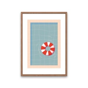 Zwembad met rode zwemband kunstprint – moderne zomerse illustratie | A4 poster 21x30 cm