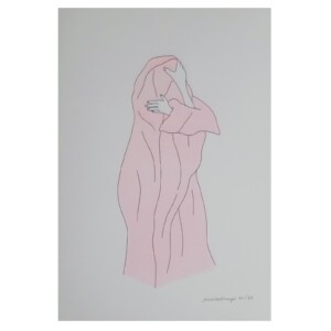 Een risoprint van een persoon / mens verstopt in een roze deken. Lekker wegkruipen! illustratie, minimalistisch, grappig
