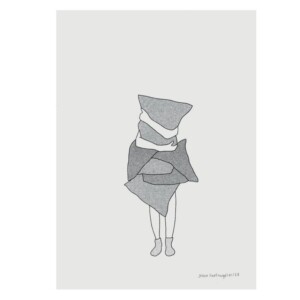 Een risoprint van een vrouw op sokken met heel veel kussens. Lekker wegkruipen! illustratie, minimalistisch, grappig