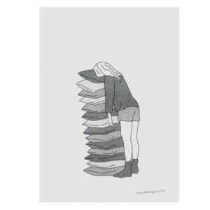 Een risoprint van een vrouw leunend op een stapel kussens. Lekker wegkruipen! illustratie, minimalistisch, grappig