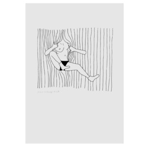 Een risoprint van een vrouw die losbreekt uit lijnen, blote borsten, illustratie, minimalistisch, grappig, lijtekening