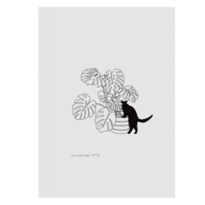 Een risoprint van een (stoute?) zwarte kat / poes die een kamerplant aan het onderzoeken is. ondeugende poezen ook altijd... illustratie, minimalistisch, grappig