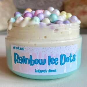 Floam Slay slijm "Rainbow Ice Dots" - blauw en wit kleislijm met regenboogschuimballen, tactiel speelgoed voor sensorische stimulatie, autisme, ADHD