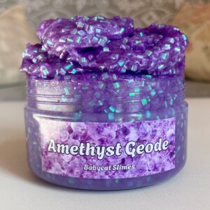 Paarse bingsu-slijm "Amethyst Geode", gecoat helder slijmspeelgoed met strokralen, knapperige ASMR, cadeau voor sensorische behoeften ADHd autisme