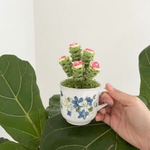 Gehaakte Vetplant in Theekopje– Zachte Sculptuur met Handgeverfde Details