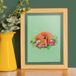 Foxy strawberries, vos illustratie, art print, 14,8x21 cm(5,8x8,2 inch)
