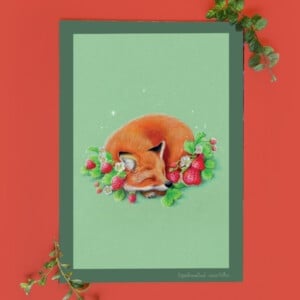 Foxy strawberries, vos illustratie, art print, 14,8x21 cm(5,8x8,2 inch)