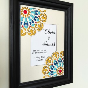 Gepersonaliseerde papercut wanddecoratie: trouwdatum en namen – stijlvol huwelijkscadeau met geometrisch bloemmotief