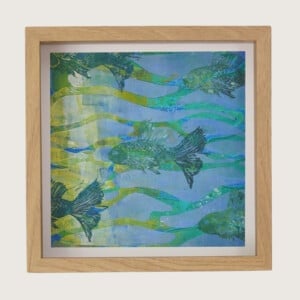 Handgeprinte linoprint vissen, 30 x30 0nderwaterkunst en diepzee tinten